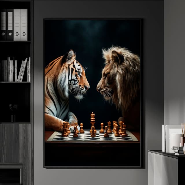 Quadro Decorativo Leão e tigre jogando Xadrez